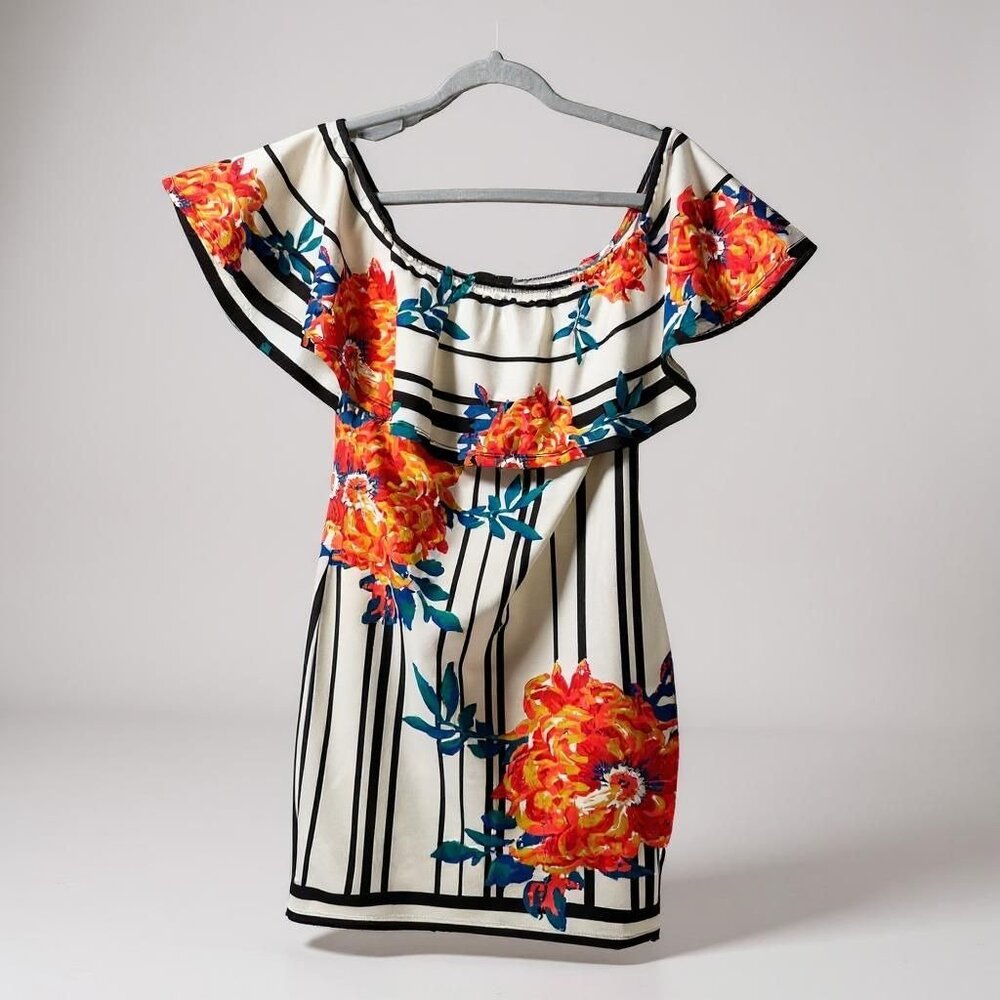 Akira Mini Dress Floral Striped Off Shoulder Ruffle White Orange Large NWOT Chic